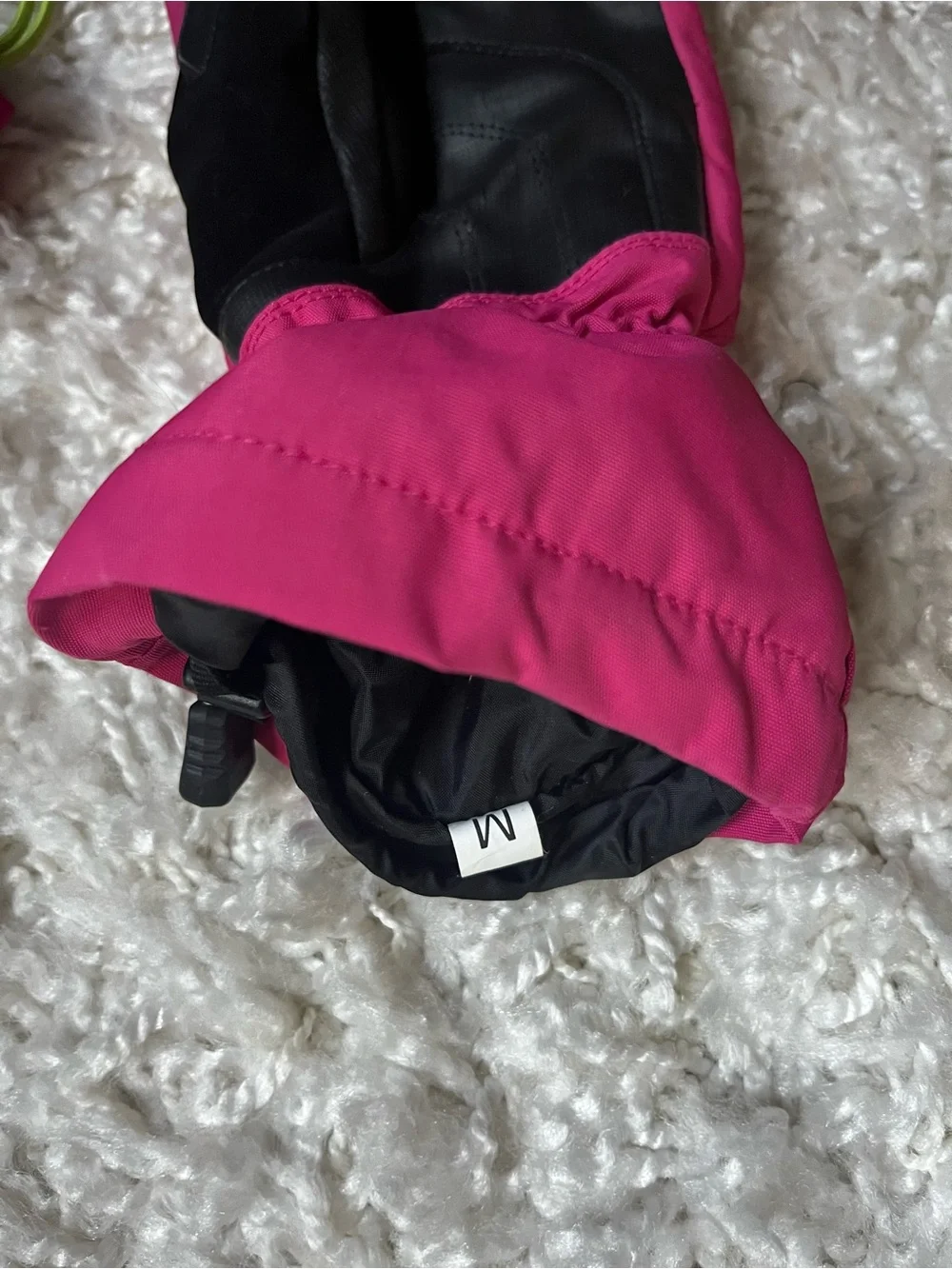 The North Face Bright Pink Kids' waterproof gloves with Neon Lime Strap